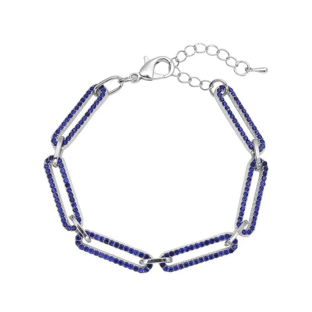 Blue Austrian Crystal Paperclip Chain Bracelet Silver Tone Adjustable 7.5-9.5